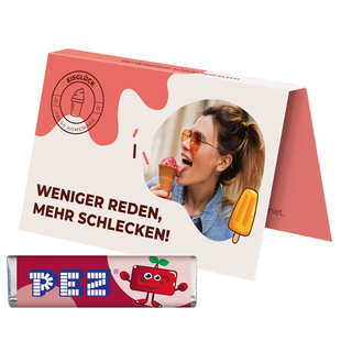Werbekarte Visitenkartenformat, PEZ Bonbonriegel Kirsche