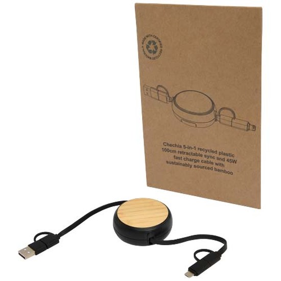 Chechia 100cm 5-in-1 Kabel aus recyceltem Kunststoff, einziehbar, für Datenübertragung und 45W Schnellladung mit Bambusdetails