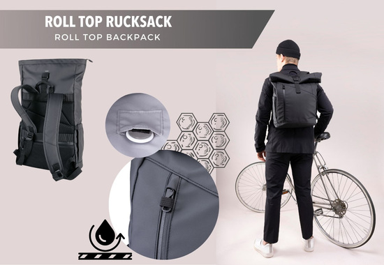 TROIKA Roll Top Rucksack TROIKA BLACK ROLL TOP