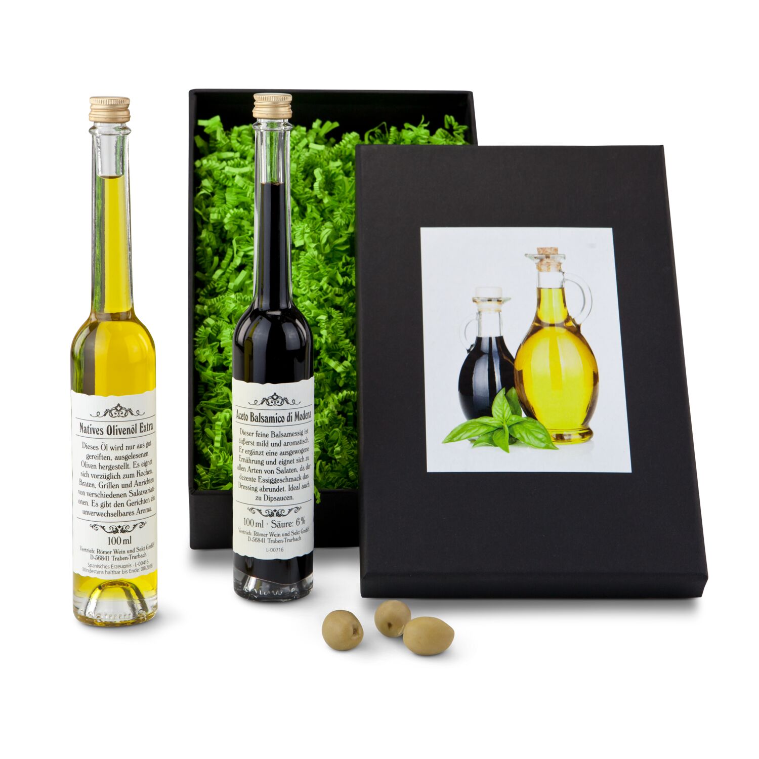 Aceto & Olio: Dieses stimmungsvolle Set enthält jeweils 100 ml italienisches Aceto Balsamico und spanisches natives Olivenöl Extra.