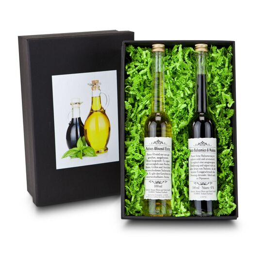 Aceto & Olio: Dieses stimmungsvolle Set enthält jeweils 100 ml italienisches Aceto Balsamico und spanisches natives Olivenöl Extra.