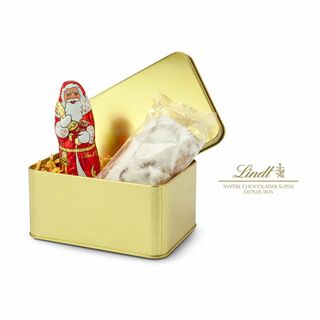 Goldene Dose mit einem leckeren weihnachtlichen Inhalt: ein Lindt-Weihnachtsmann & ein Ministollen. Perfekt zur Advents- und Weihnachtszeit.