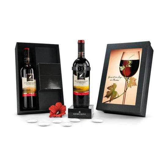 Elegant und mit Stil! Modernes Weinthermometer und eine Flasche Montepulciano d‘Abruzzo (0,75 l). Einfach anklippen und Temperatur messen.