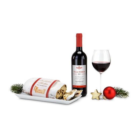 Ein harmonischer, französischer Cabernet Sauvignon & ein leckerer Christstollen (750 g) mit festlicher Banderole. Schwarzer Geschenkkarton.