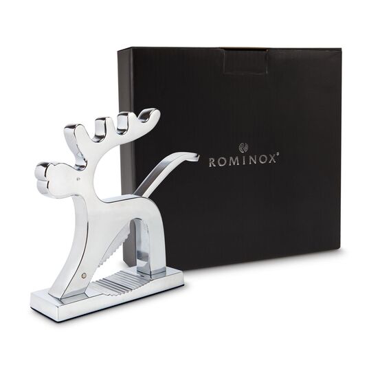 Sie können gleich loslegen: Der hochwertige, massive Rentier-Nussknacker mit Federung liegt in 600 g Walnüssen im schwarzen Geschenkkarton.