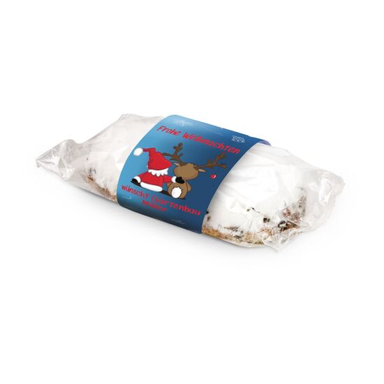 750 g feinster Christstollen mit Rosinen, Orangeat und Zitronat. Verpackt mit Banderole im Geschenkkarton.