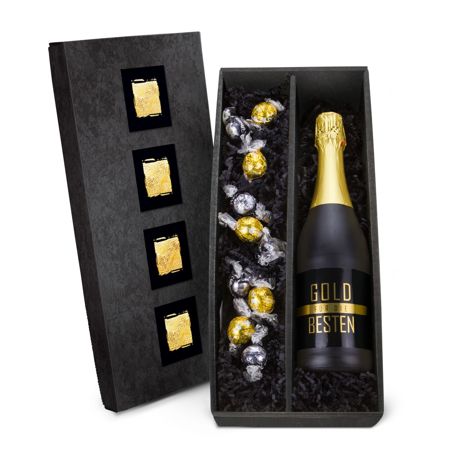 Ein hochwertiger Sekt in schwarzer Flasche (0,75 l) kombiniert mit 5 goldenen & 5 schwarzen Lindor-Kugeln (ca. 125 g).