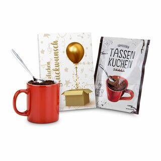 Eine Backmischung (70 g) für einen Schokoladenkuchen in der Tasse in „Herzlichen Glückwunsch“ Verpackung