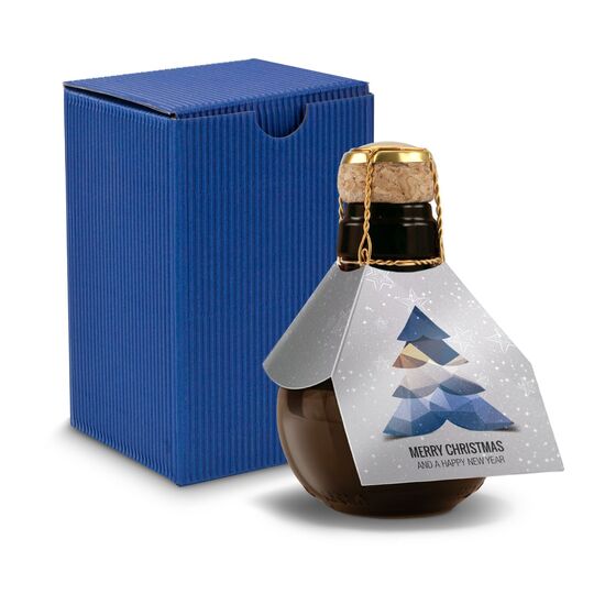 Merry Christmas - das versteht man auf der ganzen Welt. Die kleinste Sektflasche der Welt in blauer Schmuckwelle oder als Einzelflasche.