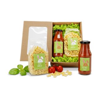 Osternudeln (250 g) in Osterhasenform & ein Glas Sugo (230 ml) verpackt im naturfarbenen Geschenkkarton