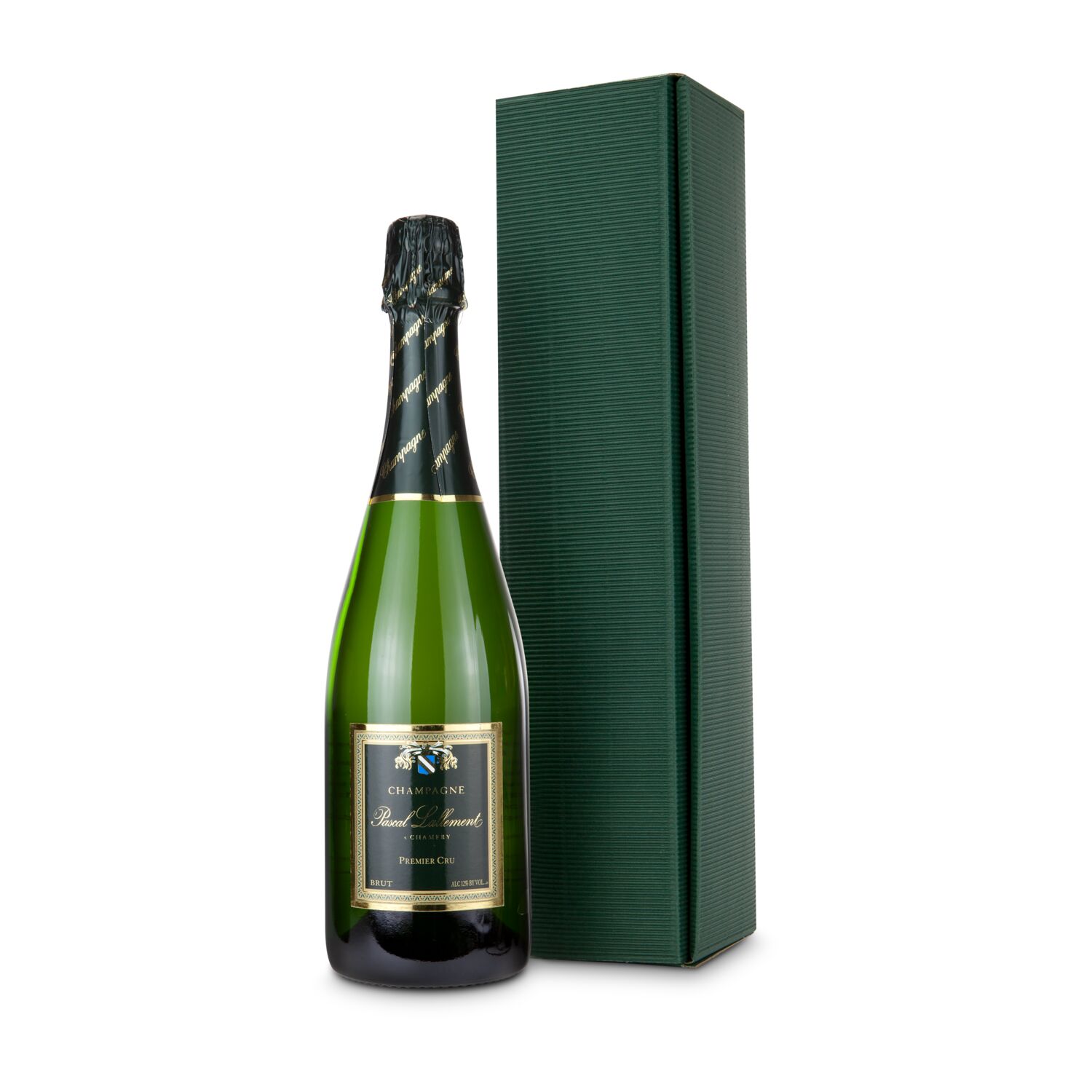 Unser Klassiker - Ein Champagner Pascal Lallement brut (0,75 l) - stilvoll verpackt in grüner Schmuckwelle.