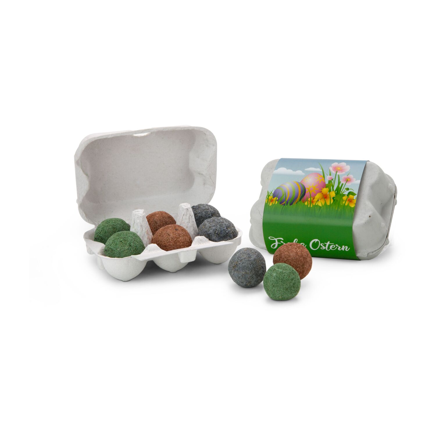 Osternest ohne Kalorien: Mini-Eierschachtel mit Frohe-Ostern Banderole und 6 farbigen Samenbomben für eine Bienenwiese