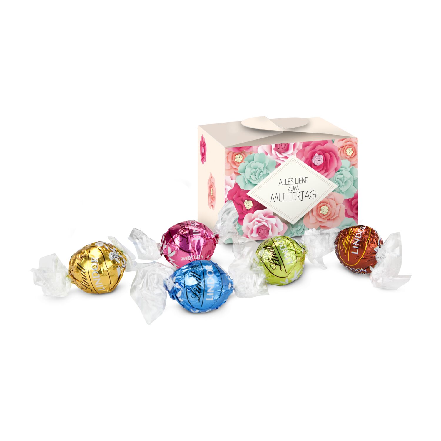Diese kleine Pralinenschachtel enthält 5 Lindt-Lindor Kugeln in den Sorten Erdbeer-Sahne, Stracciatella, Pistazie, Weiße Schokolade & Nuss