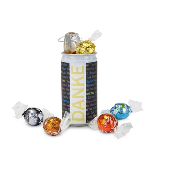 5 verschiedene Lindt-Lindorkugeln rascheln geheimnisvoll in einer verschlossenen Dose mit fröhlicher Osterbotschaft. Spannender Genuss!