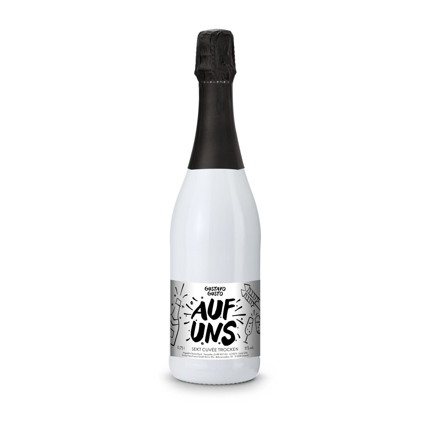Sekt Cuvée - Flasche weiß-lackiert - Kapsel schwarz, 0,75 l 2K1911d