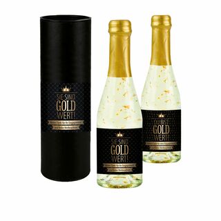 100% Wertschätzung für Mitarbeiter oder Geschäftspartner. Spritziger Golden Flakes Secco Piccolo (0,2 l) mit Blattgold. In Geschenkhülse.