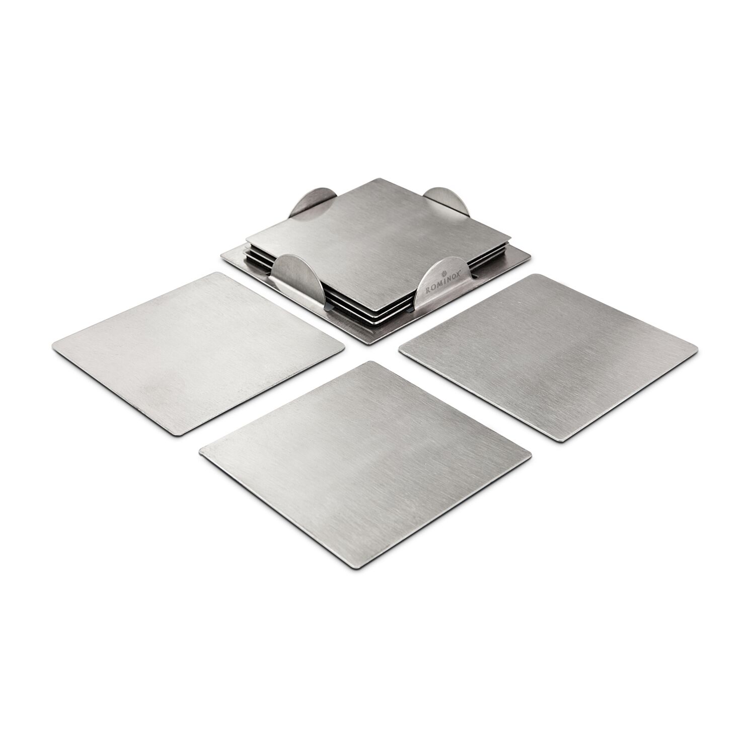 Eine Flasche Rotwein Sangiovese (0,75 l), ein 4er Set ROMINOX® Schiefer Glasuntersetzer und ein 4er Set ROMINOX® Edelstahl Serviettenringe.