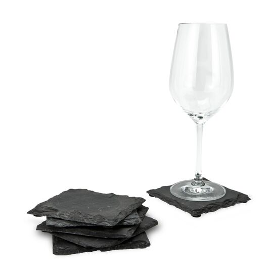 Eine Flasche Rotwein Sangiovese (0,75 l), ein 4er Set ROMINOX® Schiefer Glasuntersetzer und ein 4er Set ROMINOX® Edelstahl Serviettenringe.
