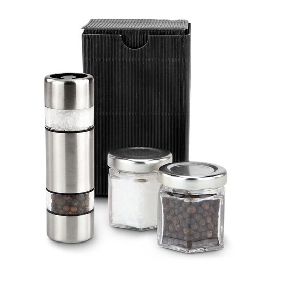 Die ROMINOX® Mühle mit zwei getrennten keramischen Mahlwerken kombiniert mit je einem kleinen Gläschen Salz und Pfeffer