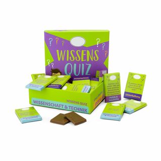 So macht quizzen Spaß: Auf 24 Edel-Vollmilch Schokoladen-Täfelchen befinden sich 24 Fragen und 72 Antwortmöglichkeiten aus 4 Bereichen