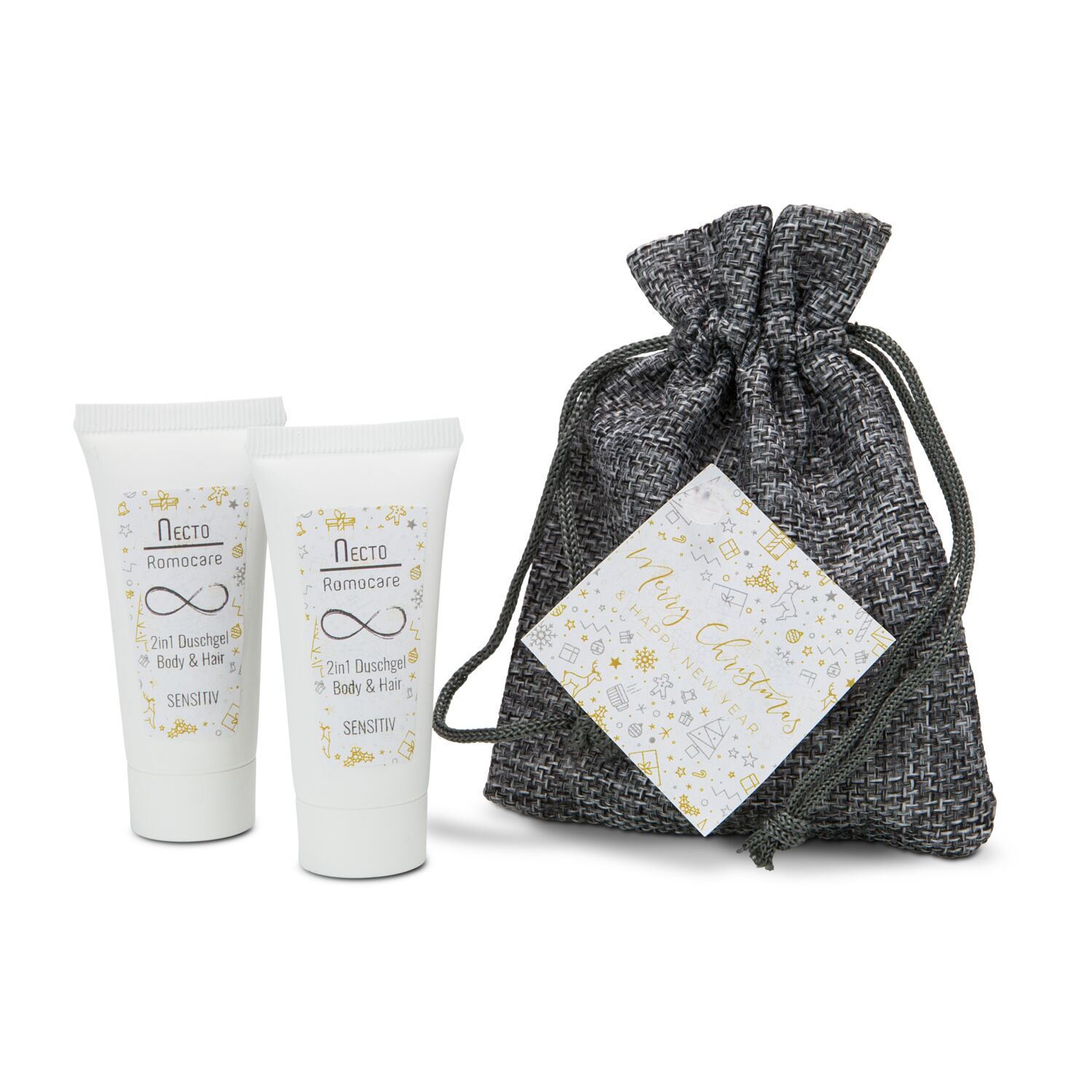 2 Tuben Duschgel Body & Hair Sensitiv (je 20 ml) liebevoll verpackt in einem grauen Säckchen mit weihnachtlichem Geschenkanhänger