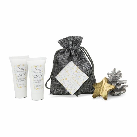 2 Tuben Duschgel Body & Hair Sensitiv (je 20 ml) liebevoll verpackt in einem grauen Säckchen mit weihnachtlichem Geschenkanhänger