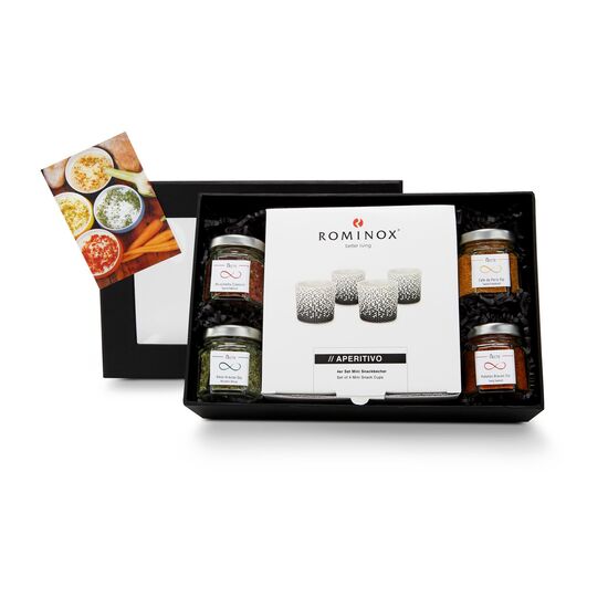 Das Set enthält 4 ROMINOX® Mini-Snackbecher aus Keramik und 4 verschiedene Dip-Mischungen.