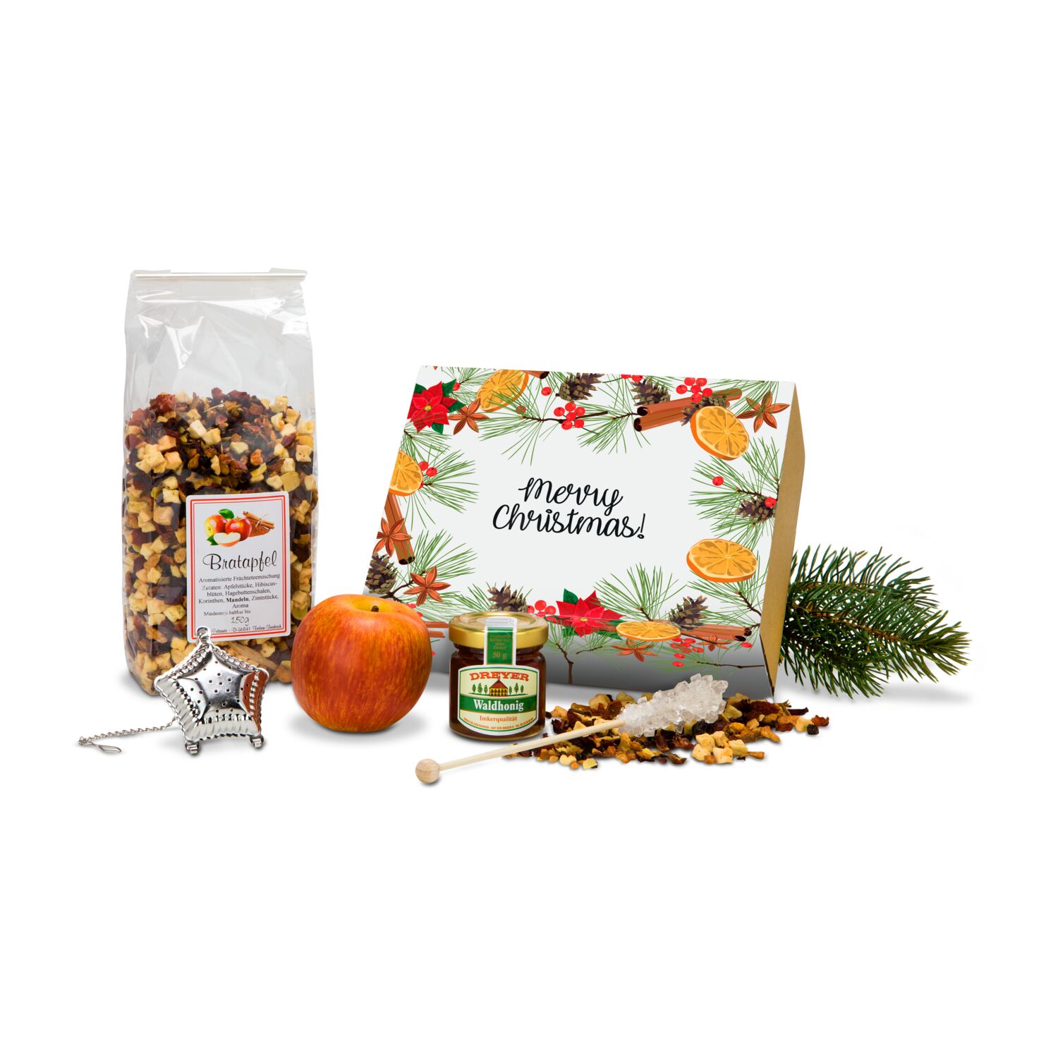 Ein Tee-Ei in Sternform, 150 g Früchtetee, ein Kandisstick und ein Glas Honig (50 g) verpackt in festlich dekoriertem Karton