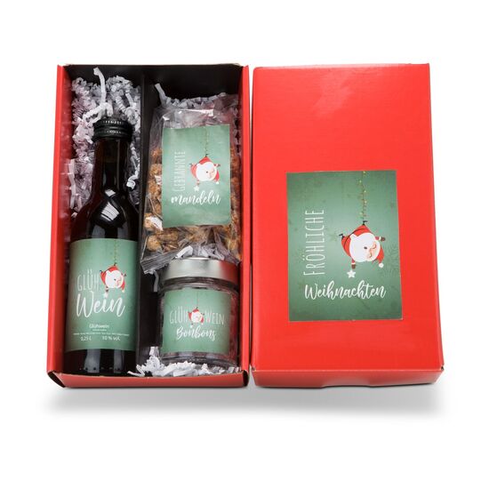 0,25 l Flasche Glühwein, 100 g gebrannte Mandeln und 100 g Glühweinbonbons verpackt in einem roten Weihnachtskarton