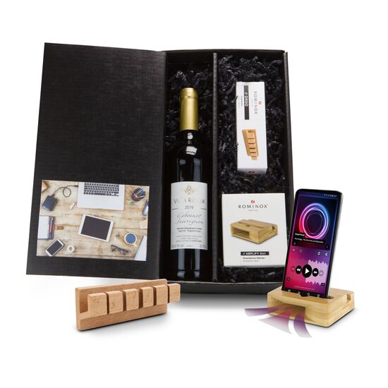 Für das (Home-)Office: 1 ROMINOX® Kabel-Organizer, 1 ROMINOX® 3in1 Smartphone Ständer sowie 1 Flasche Rotwein Cabernet Sauvignon