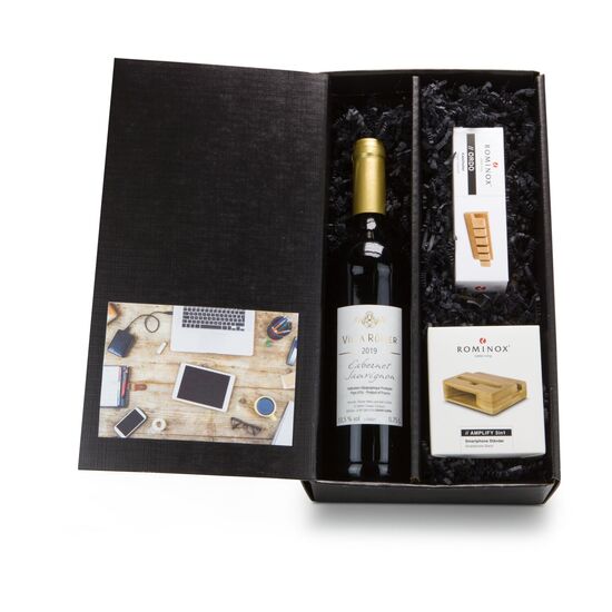 Für das (Home-)Office: 1 ROMINOX® Kabel-Organizer, 1 ROMINOX® 3in1 Smartphone Ständer sowie 1 Flasche Rotwein Cabernet Sauvignon