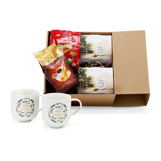 Zwei ROMINOX® Henkelbecher, Gourmet Kaffee und eine Packung Mini-Plätzchen verpackt in einem naturfarbenen Geschenkkarton.