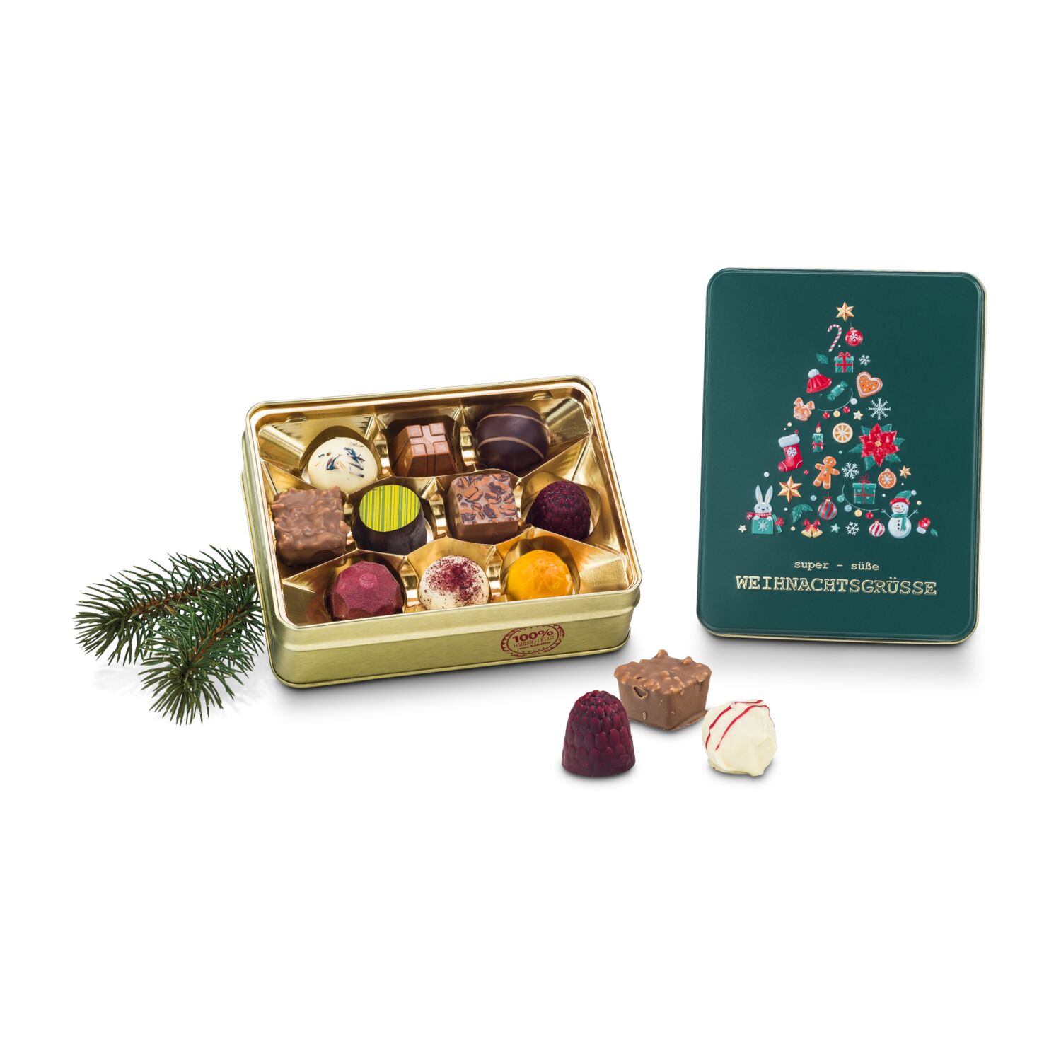 125 g handgemachte Confiserie Pralinen- und Trüffelmischung kommen in einer hochwertigen 3D-geprägten Dose mit Tannenbaum-Motiv.