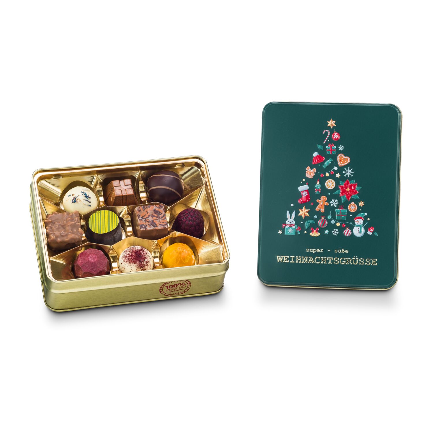 125 g handgemachte Confiserie Pralinen- und Trüffelmischung kommen in einer hochwertigen 3D-geprägten Dose mit Tannenbaum-Motiv.
