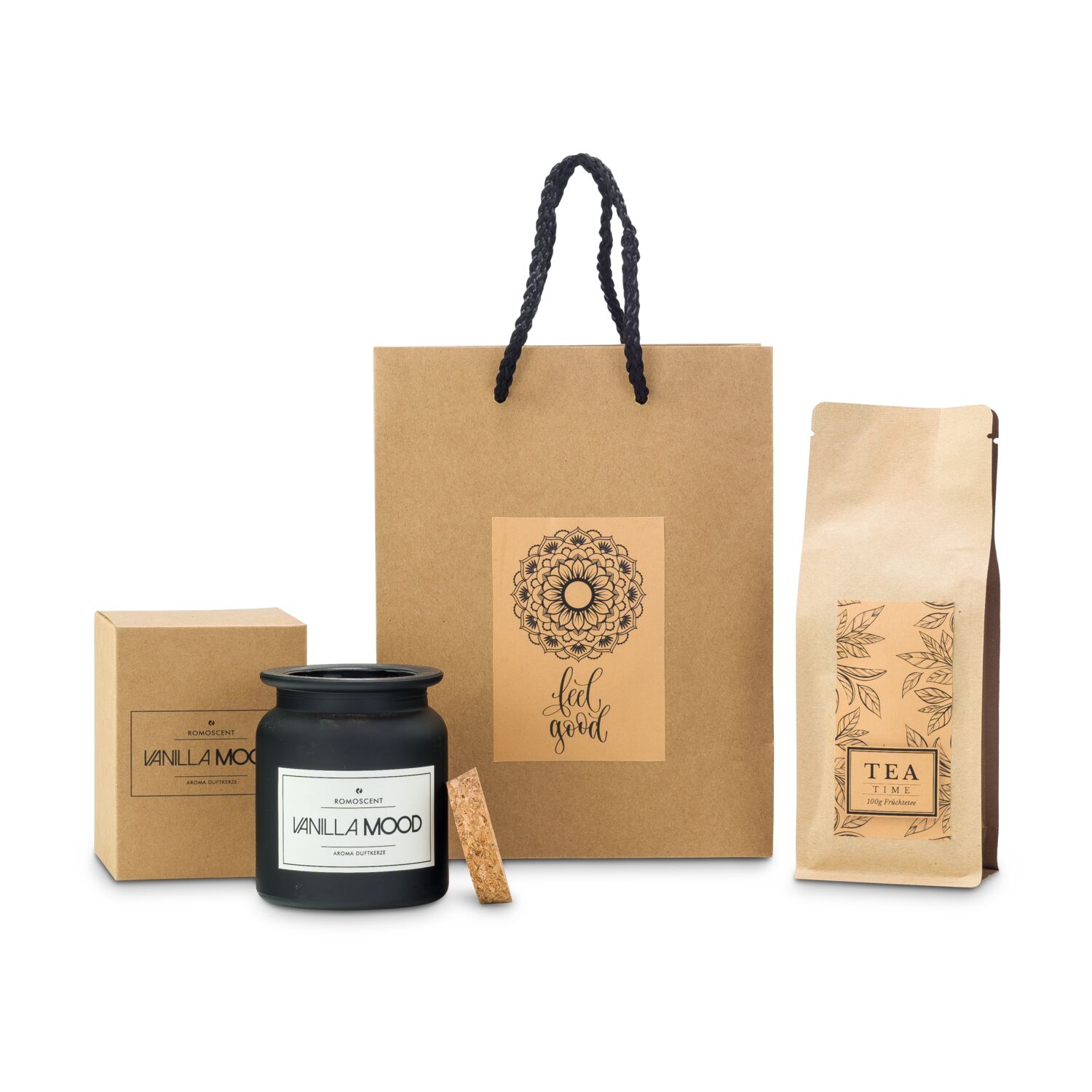 In der naturfarbenen Tüte mit "Feel Good" Aufkleber befinden sich ein Früchtetee Vanille-Sahne und eine ROMOSCENT® Aromakerze.