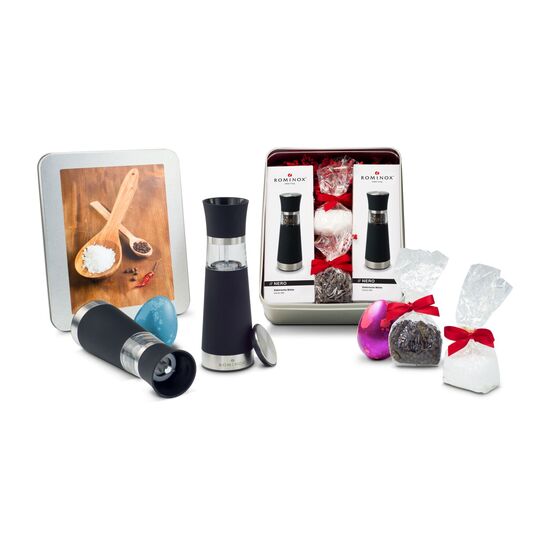 2 elektrische ROMINOX® Mühlen, je ein Tütchen Meersalz und Pfeffer, 2 Ostereier, in Silberdose