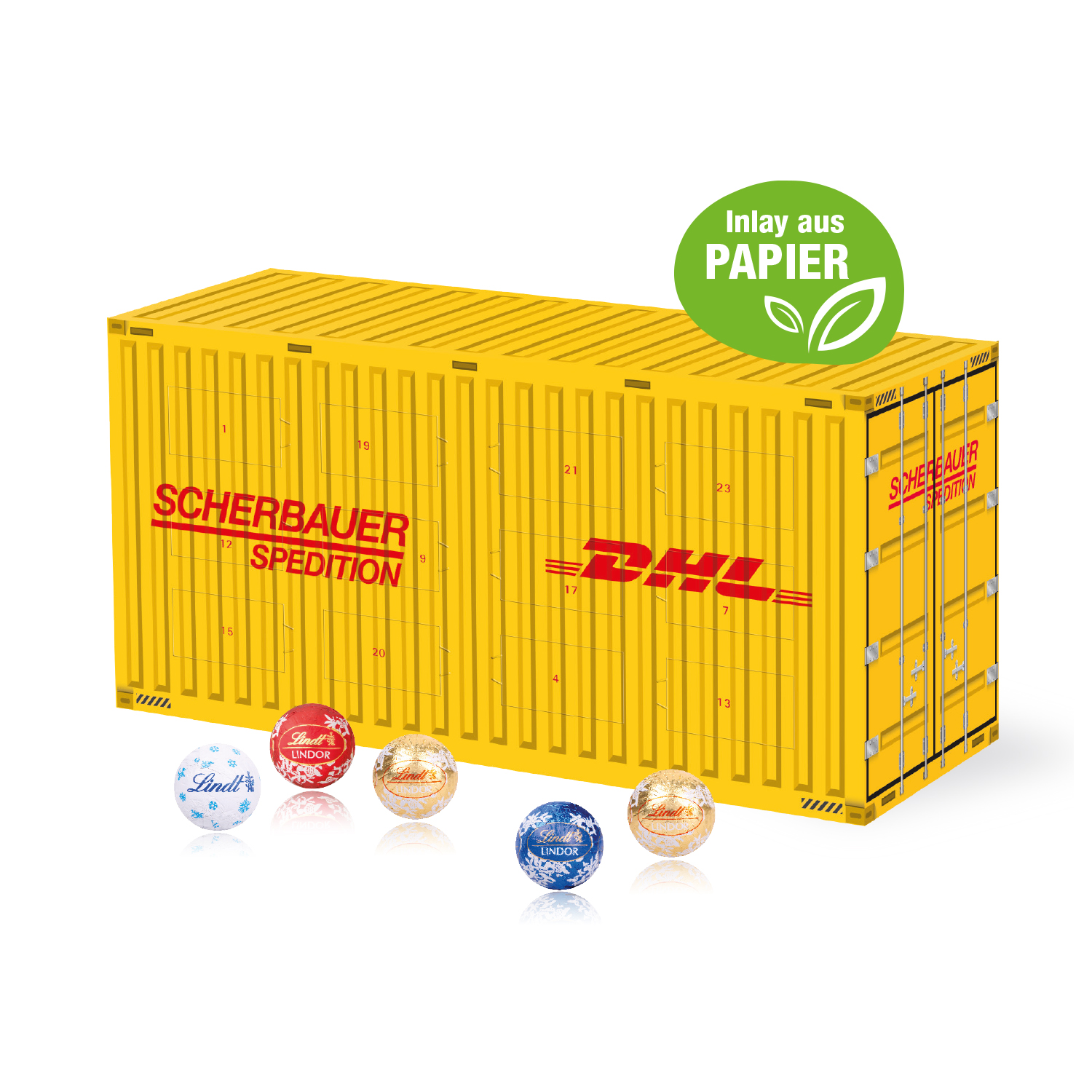 3D Adventskalender "Container" mit Lindt Schokolade mit Papier-Inlay