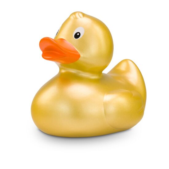 goldene Werbeente Goldmarie mit orangenem Schnabel in Standardform, Größe: ca. 8 cm. Inklusive Quietschventil