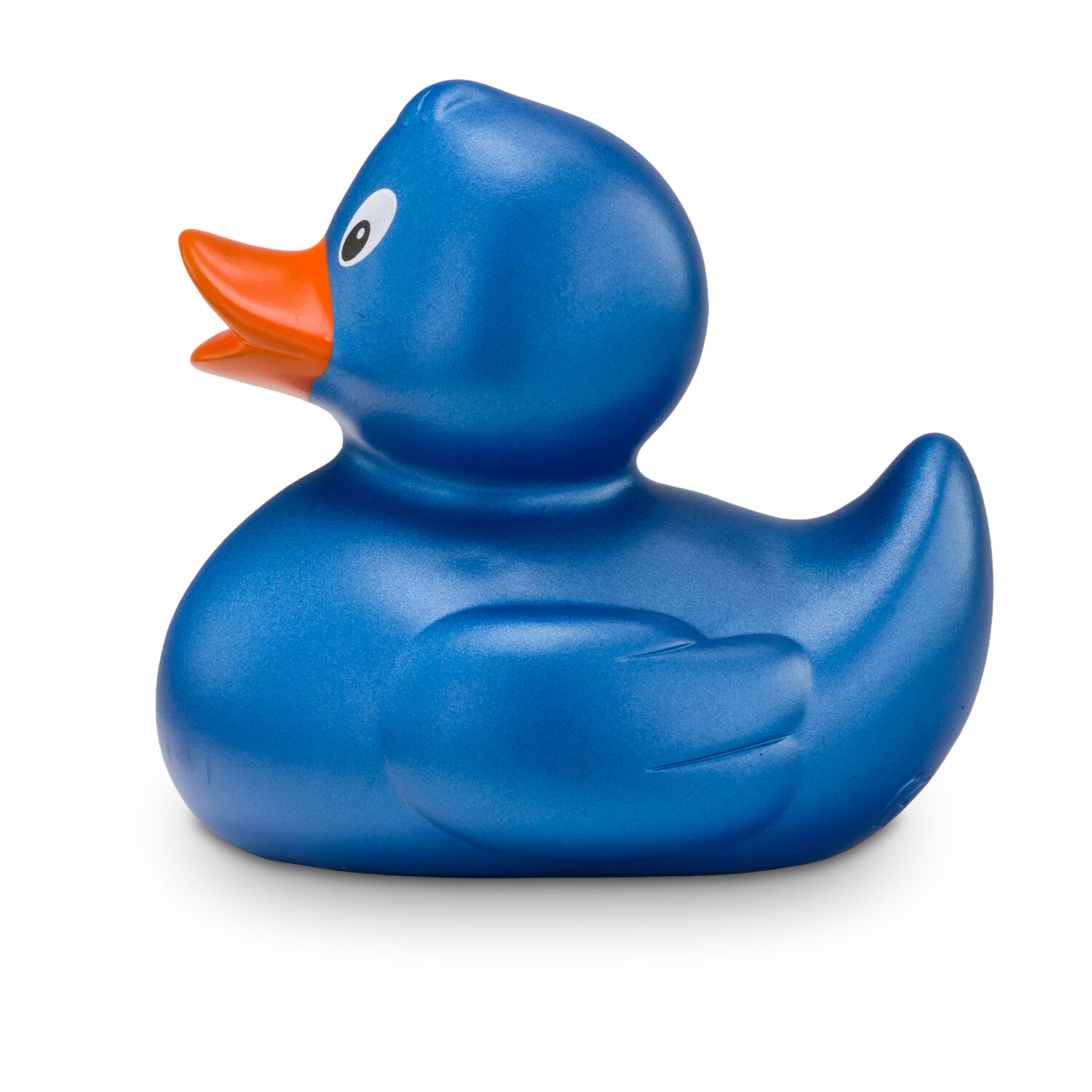 kobaltblaue Werbeente Bianca Blauglanz mit orangenem Schnabel in Standardform, Größe: ca. 8 cm. Inklusive Quietschventil