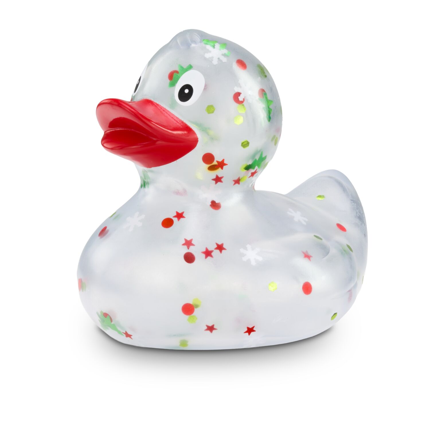 transparente Werbeente Leni Lametta mit roten und grünen Weihnachtsglitzer in verschiedenen Formen und rotem Schnabel, Größe: ca. 8 cm. Inklusive Quietschventil