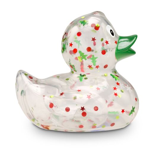 transparente Werbeente Luis Lametta mit roten und grünen Weihnachtsglitzer in verschiedenen Formen und grünem Schnabel, Größe: ca. 8 cm. Inklusive Quietschventil