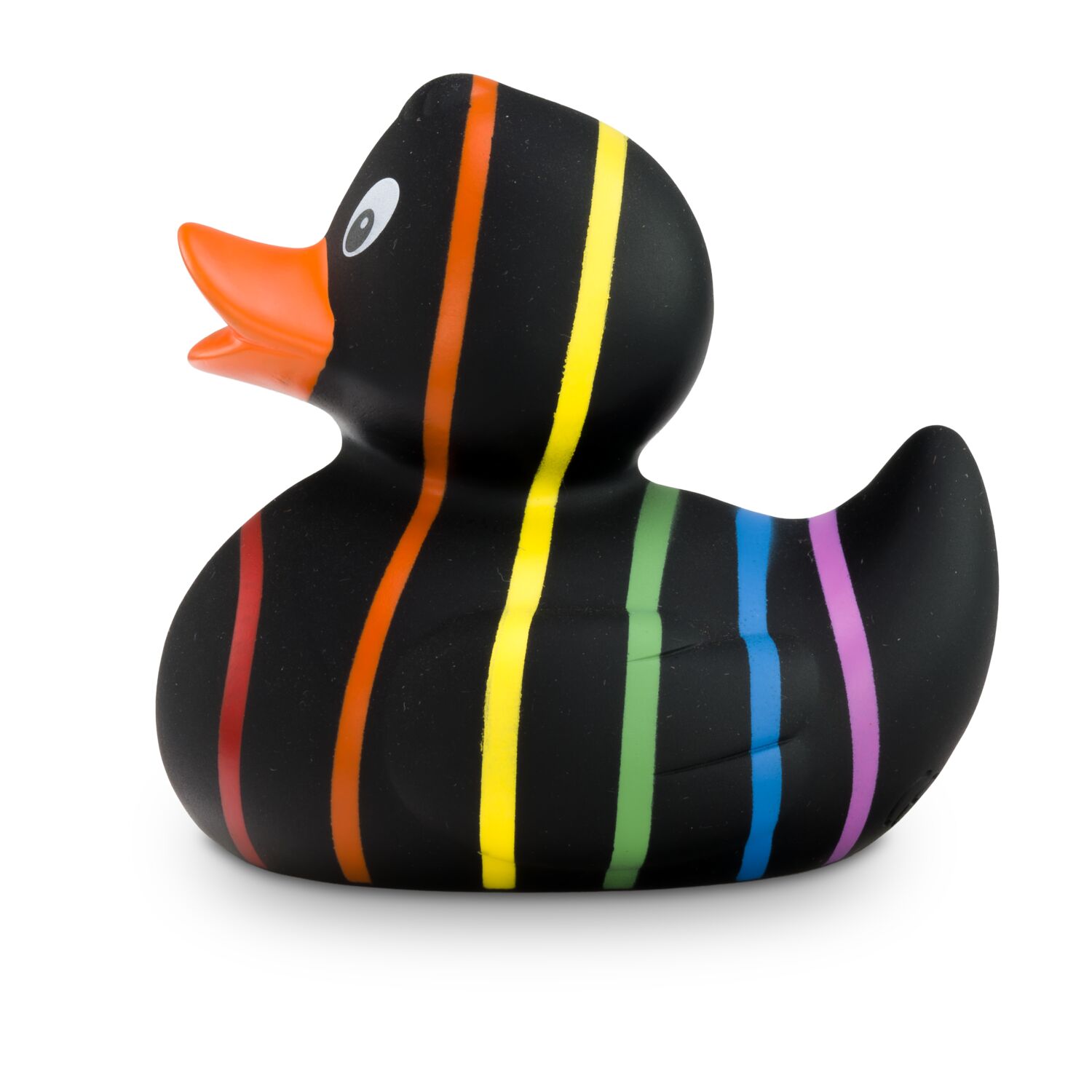 schwarze Badeente Rebecca Regenbogen mit sechs Streifen in Pink, Blau, Grün, Gelb, Orange und Rot, Größe: ca. 8 cm. Inklusive Quietschventil