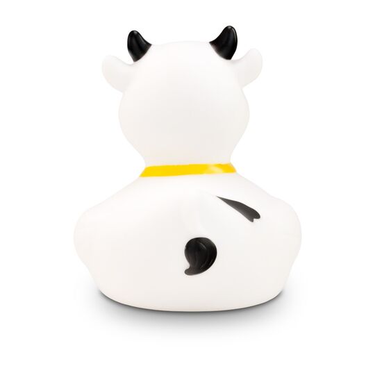 weiße Werbeente Karla Kuh mit schwarzen Flecken,Hörnern und Glocke, Größe: ca. 8 cm. Inklusive Quietschventil