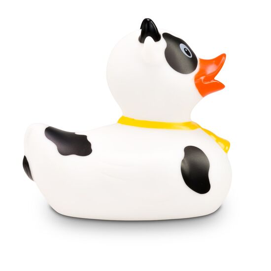 weiße Werbeente Karla Kuh mit schwarzen Flecken,Hörnern und Glocke, Größe: ca. 8 cm. Inklusive Quietschventil