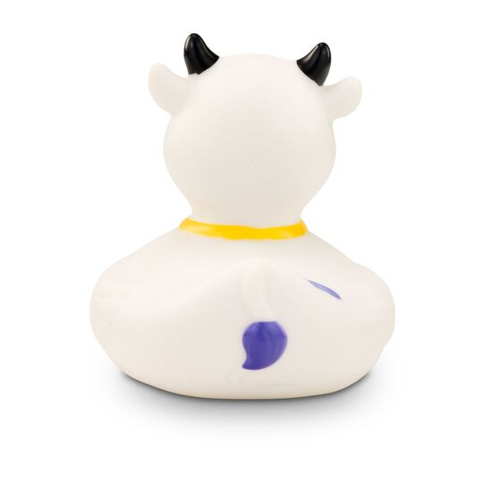 weiße Werbeente Karla Kuh mit lila Flecken,Hörnern und Glocke, Größe: ca. 8 cm. Inklusive Quietschventil