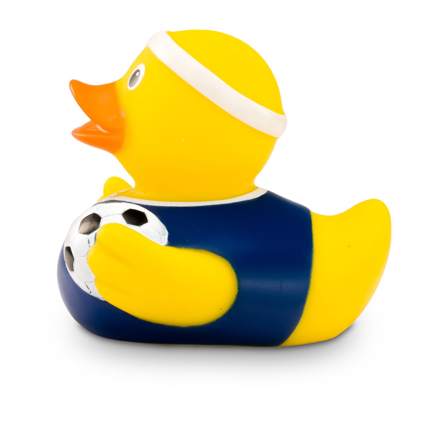 gelbe Badeente Fritz Freistoß mit blauem Trikot, Stirnband und Ball, Größe: ca. 8 cm. Inklusive Quietschventil