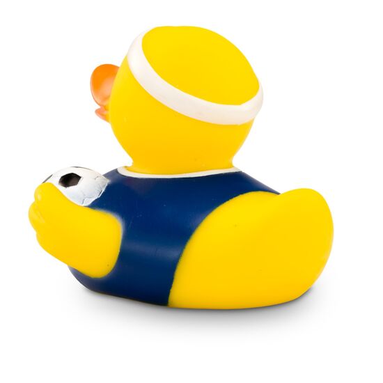 gelbe Badeente Fritz Freistoß mit blauem Trikot, Stirnband und Ball, Größe: ca. 8 cm. Inklusive Quietschventil