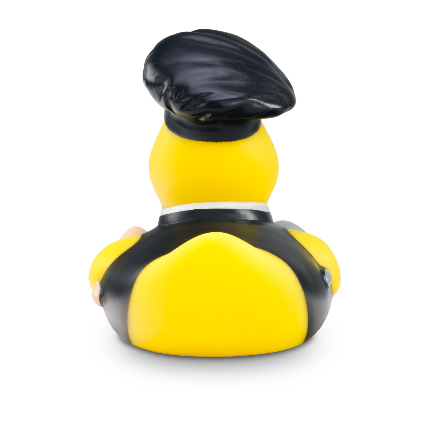 gelbe Werbeente Bruno Bratpfanne mit schwarzem Koch-Outfit, Bratpfanne und Kochlöffel, Größe: ca. 8 cm. Inklusive Quietschventil