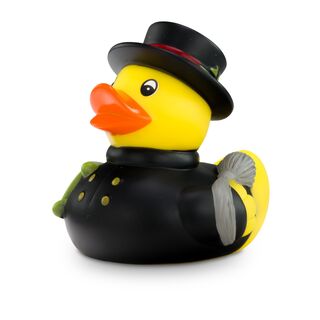 gelbe Badeente Felix Fegeglück mit Uniform in schwarz und Zylinder, Größe: ca. 8 cm. Inklusive Quietschventil