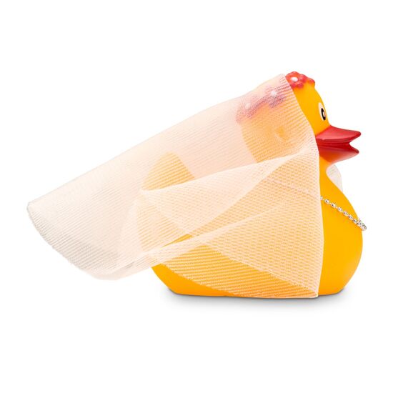 gelbe Werbeente Bonnie Braut mit Schleier aus Tüll, Diadem und Perlenkette, Größe: ca. 6 cm. Inklusive Quietschventil